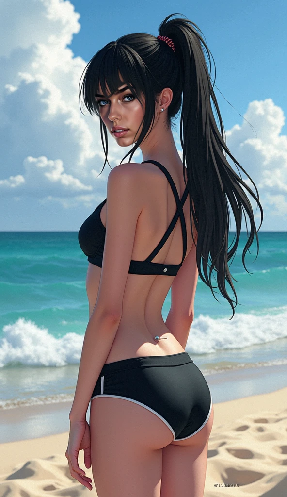 Erisa, 1girl, solo, long hair, looking at viewer, black hair, bandaid on face, yellow eyes, animal ears, smile, bandaid on nose, braid, cat ears, bandaid, bangs, breasts, fake animal ears, simple background, fang, bare shoulders, scar, bare shoulders, closed mouth, hair over one eye, portrait, hair over shoulder, legs, seductive, bathing suit, 2 piece swimsuit, beach, realistic, highly detailed face, detailed eyes, best quality, masterpiece, ultra detail, ultra high res, extreme detail, 8k, uhd, voluptuous, curvy, thick thighs, milf, butt, ass, round ass, from behind, holding up butt, 