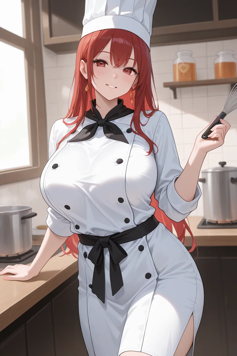 Girl, chef, red hair, yellow eyes, chefs hat, chefs clothes, big breasts, exposed belly,