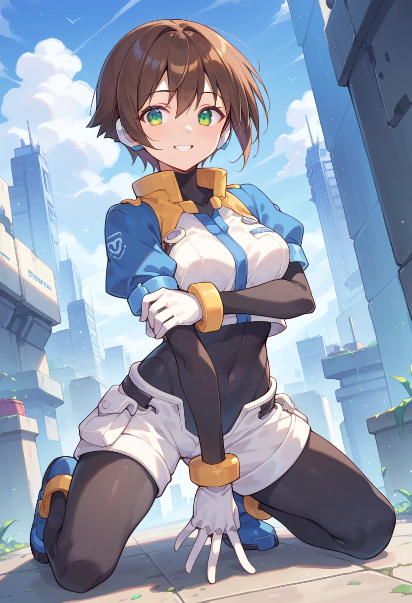 aile_megamanzx, kneeling with one hand on the ground and the other arm raised, 1girl, solo, short hair, brown hair, short sleeves, (bodysuit), robot ears, green eyes, very_short_shorts, short sleeves, short over long sleeves, smile, in futuristic city, , high quality, medium_breasts,crotch, slouch,groin,solo