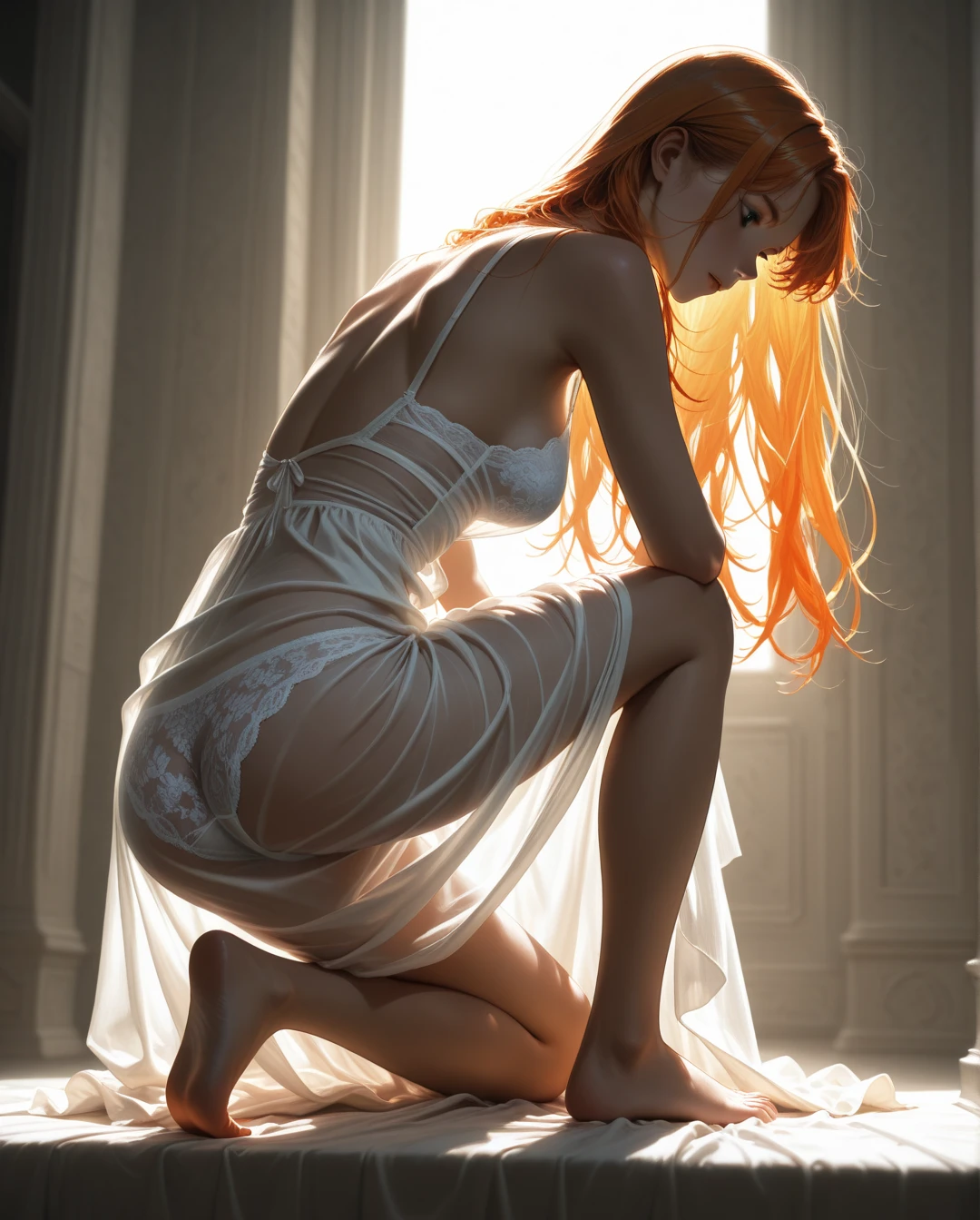 Ghost, woman, floating, transparent spectral
body, long beautiful flowing dress, NSFW, vibrant red hair, hovering above a bed,