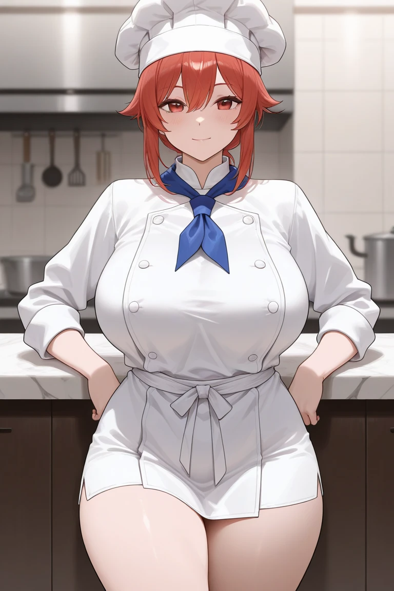 
In the bustling kitchen of a renowned restaurant, a pregnant chef orchestrates a symphony of flavors with skill and finesse. Clad in a crisp white chef's jacket, tailored to accommodate her colossal, swollen belly, she commands the space with confidence and creativity. Her apron, splattered with a rainbow of ingredients, hugs her expansive midsection, each fold and contour accentuating the curve of her maternal form. The fabric, stretched to its limit over her burgeoning belly, tells the story of new life blossoming within.

Her hair, a cascade of fiery curls with streaks of gold, is pulled back into a loose bun, strands gently framing her flushed cheeks and sparkling hazel eyes. Despite the demands of her pregnancy, her hands move with precision and dexterity, expertly maneuvering pots and pans as she crafts culinary masterpieces. Each movement serves as a testament to her unwavering passion for cooking and her dedication to her craft.

In the vibrant ambiance of the kitchen, the aroma of herbs and spices fills the air, mingling with the sizzle of pans and the hum of conversation. As the pregnant chef oversees the bustling activity around her, her hand instinctively rests on her swollen belly, feeling the gentle movements of her unborn  within. The sensation fills her with a sense of wonder and anticipation, a reminder of the precious gift of new life that she carries with her, even amidst the chaos and excitement of the kitchen.