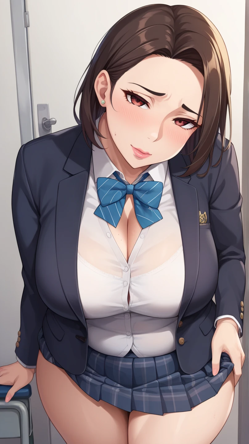 ((jacket lift、shirt lift、nsfw))、(big breasts:1.5、big areola、shiny skin:1.5、nipples are visible),(nipples peek:1.1、Realistic:1.2), Super detailed, young woman, upright, school wear