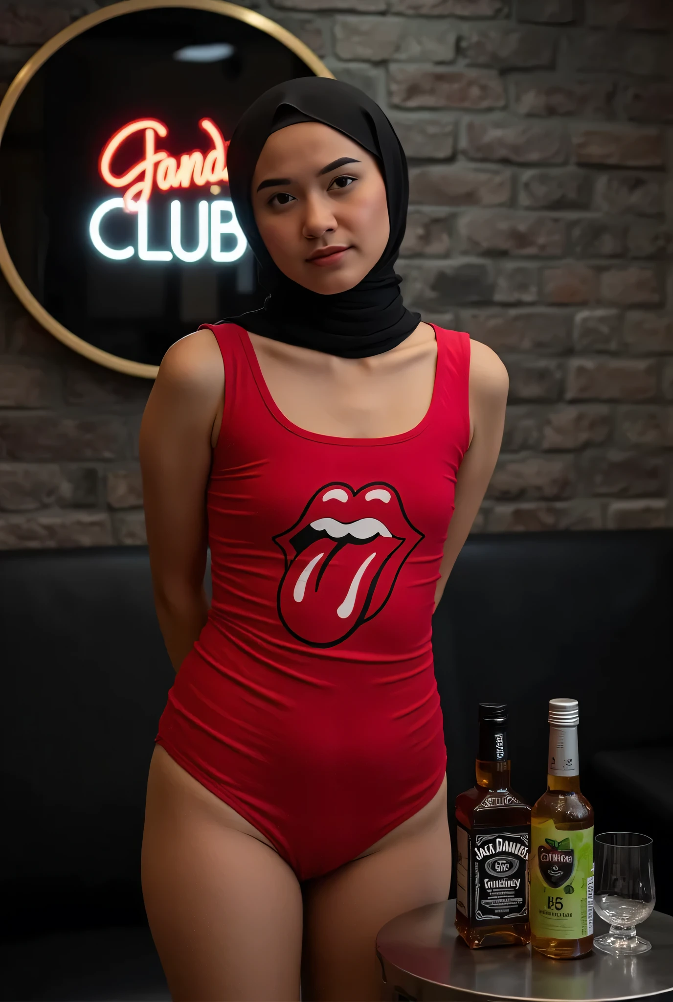 face cute smile , Front posing, Wearing Scarf neck tie, Front posing, SKINNY SUPER OLD LADY, (Thighs and calves huge muscles), (((MOODY FACE EXPRESSION))), "Wearing Hijab perfectly", wearing Scoop Neck Sleeveless red Bodysuits singlet swimsuit 'the rolling stone logo band print', (KEDUA BELAH TANGAN DILETAK LETAKKAN DIBELAKANG PUNGGUNG) PLEASE DON'T PUT ANYTHING ROPE!!!, THIGHS OPEN WIDE,
THIN SKINNY HIJAB INDO MALAY (Singlet ), 1 girl, 'MOODY FACE EXPRESSION', Half body portrait, (face details: 1), (Eye details: 1), ((Big breasts)). ultra high res. realistic: 1.4, UHD, (((dark background))), Background worn old brick wall, round Signboard 'Janda Club's' neon light at wall, Sitting on a round table stainless steel A two Bottle of Whiskey 'Jack Daniels and two green apple' Above it.