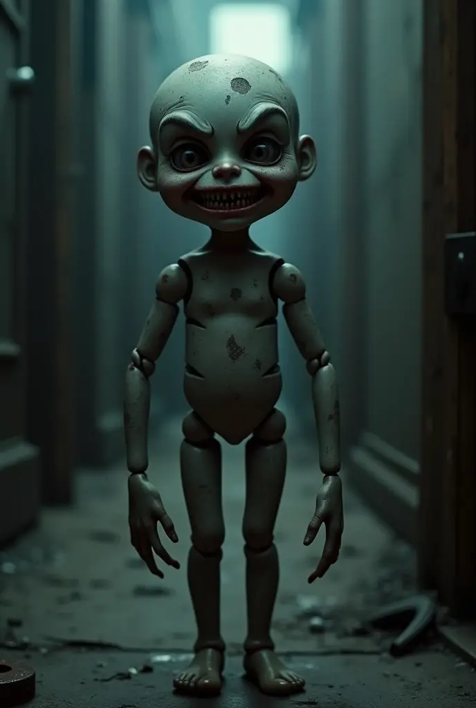 A boy without eyes, nose, ears and eyes, who has a scary smile on his whole face and is standing in the middle of a dark room