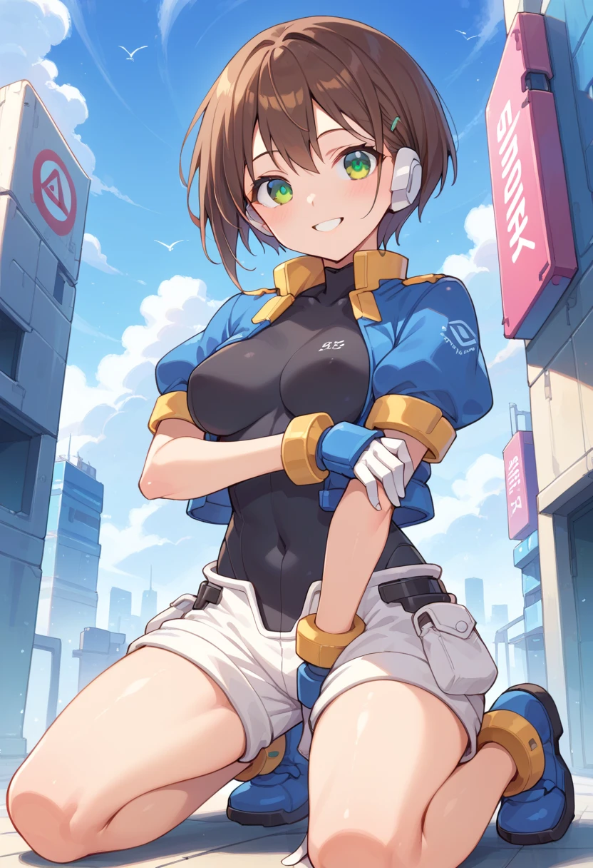 (Perfect body),Best Quality,16 K、NSFW、(((((Lori)))))、((((Short stature))))、blush、(V-shaped eyebrows)、:D、embarrassed from、((((Short hair))))、(hair messy)、waved hair、Ahoge、(Yellow eyes),((A pink-haired))、Yellow goggles on the head、yellow lean hair clip、((white leotard))、(White knee socks)、(Pink gloves)、Yellow jacket、((bulging nipple))、Undersized breasts、(((thick thighs)))、spreading legs、Armpits、A desert、