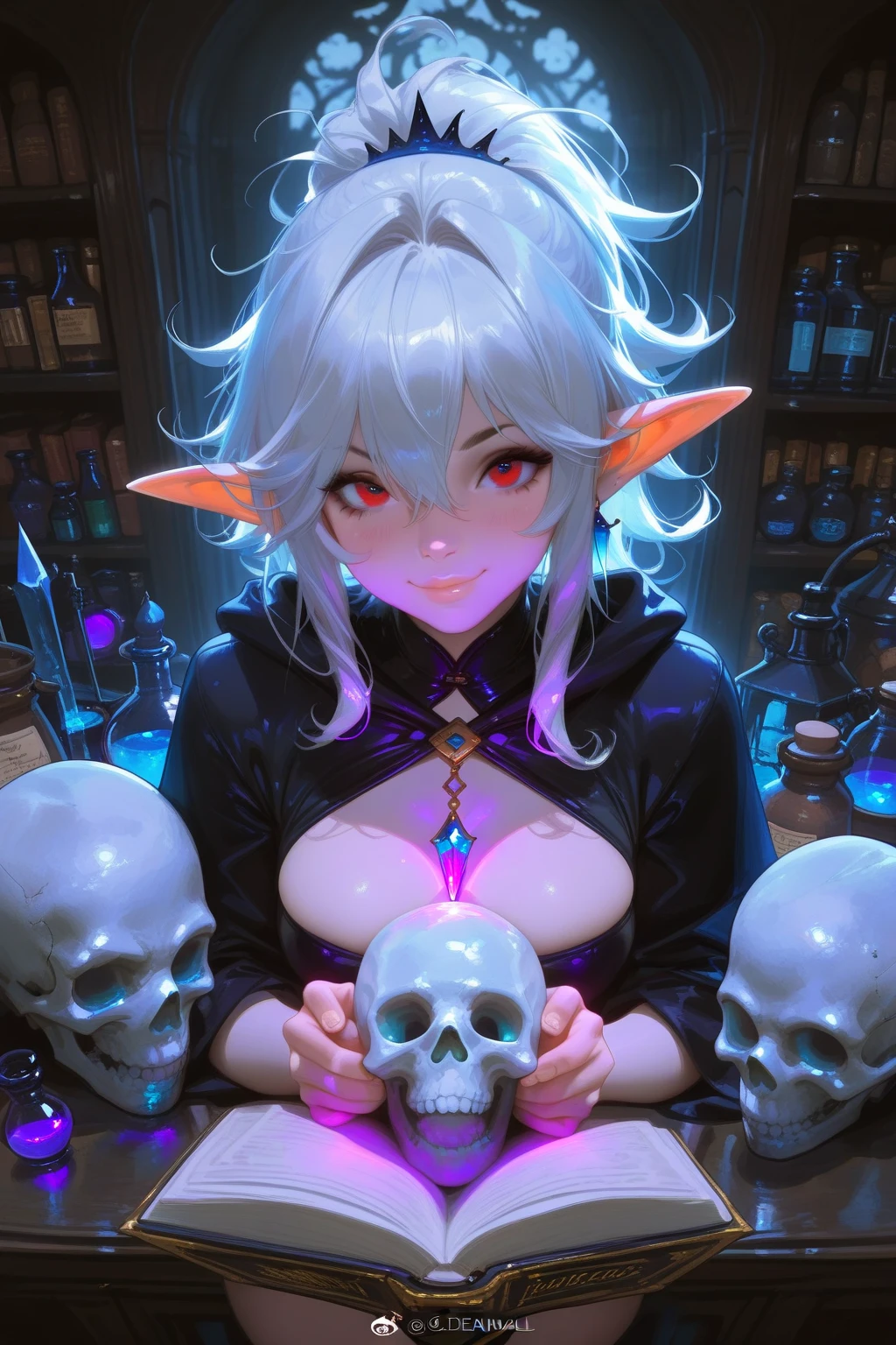 masterpiece, best quality, ultra-detailed, beautiful lighting, underground drow potion creation room, 1girl, apothecary, drow, white hair, short hair, red eyes, good alignment, black eyeliner, black lips, piercing, drow regalia, looking at viewer, seducing viewer, wanting to have sex and marry a human onomancer man