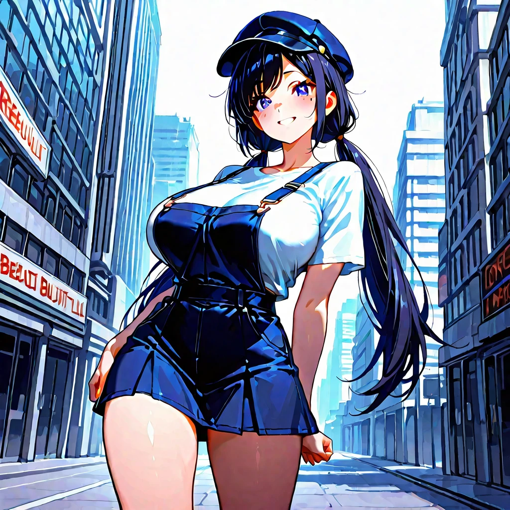 score_9, score_8_up, score_7_up,4k, ,BREAK , (from front,top angle),standing,straight-on,hands on hips,1girl,RACEELIE, long hair,HAIRBAND, CHOKER, BLUE HAT, BLUE JACKET, CROPPED JACKET, CLEAVAGE,large breast, MIDRIFF, BLUE SHORTS, PLEATED SKIRT,(light smile),(daytime and beachside and city), ,,,detailed skin,,(best quality),,(aesthetic,very aesthetic),sharp focus,depth of field,,