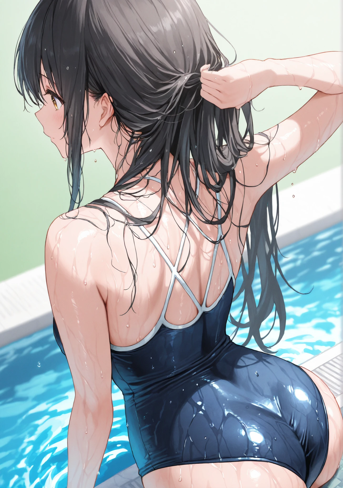 (masterpiece,highest quality,超A high resolution),japanese woman, (((Very beautiful 25 year old girl))), pretty girl、look at the photographer、 ((beautiful low ponytail)), super cute face, glossy lips, double eyelids in both eyes,natural smile、 natural makeup, long eyelashes, Shiny and smooth hair、center image, perfect limbs, perfect anatomy,(((navy blue school swimsuit)))、(((turn around and look back)),wet with water