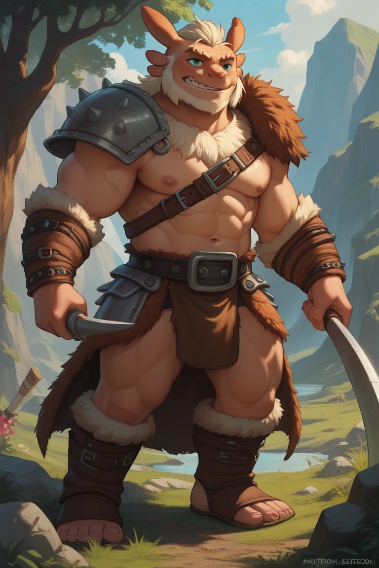 Homem de cabelo loiro e curto, barba media, olhos azuis, peitoral gigante, corpo forte, Corpo com muita veia, armadura de viking, espada gigantesca, medieval setting, imagem HD, Imagem limpa, Imagem 4k, alta resolução, obra prima, manga art