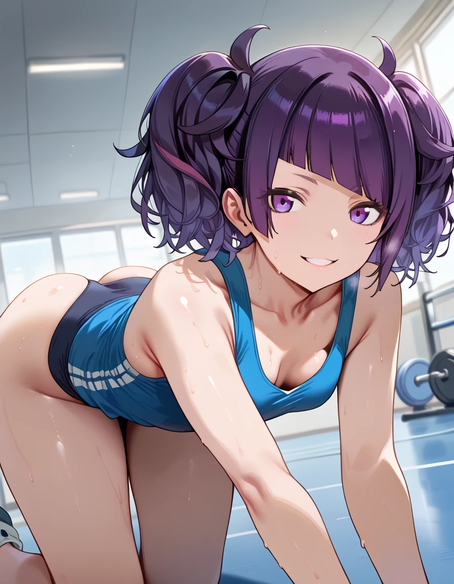 highquality illustration, masterpiece, very delicate and beautiful, attractive girl,(colorful leotard, heattech leotard,tight leotard,long_sleeve leotard,ribbed leotard,high_leg leotard,turtleneck leotard),purple hear,short hear, audience reactions,thin,slender body,slim,gymnasium,gymnastics club,2 girls,gymnastics athlete,bare legs,gymnasium background,gymnastics club,beautiful eyes, light smile,(masterpiece, best quality:1.2), highres, extremely detailed CG unity 8k wallpaper, perfect lighting, Colourful, ultra-high res,4K,ultra-detailed, photography, 8K, HDR, 17 ages, gymnastics athletes