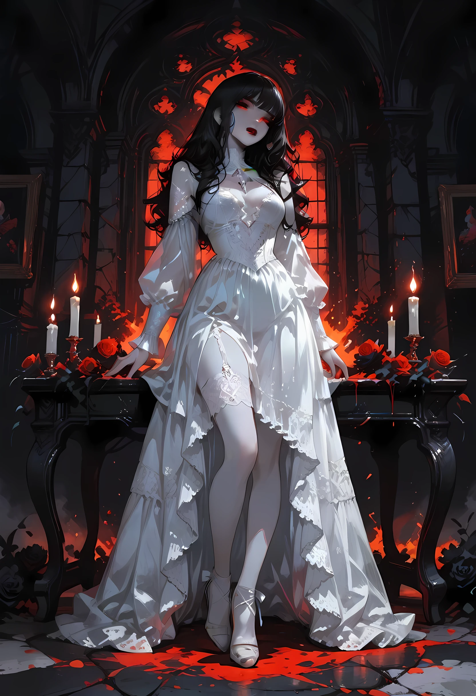 Dark anime fantasy art, goth art, a picture of a female vampire, exquisite beauty, full body shot, dark glamour shot, pale white skin, dark blond hair, long hair, wavy hair, dark red lips, glowing eyes, she wears a white lace dress, exquisite, beautiful, half sheer dress, ((white lace)) dress, there are blood stains on the dress, the roses are imprinted on the dress, black roses, high heels, dark castle, lit by candles, high details, best quality, 16k, ultra detailed, masterpiece, best quality, (extremely detailed), full body, (ultra details, Masterpiece, best quality), realistic art, red fire perfect face, perfect body,