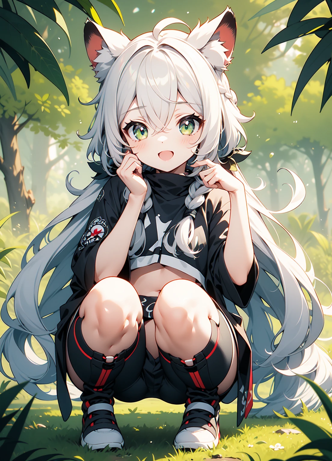 Cat girl, white hair, green eyes, squatting