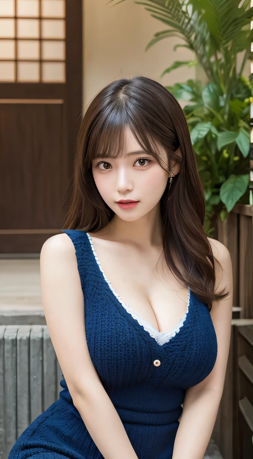 highest quality,masterpiece,ultra high resolution,(realistic:1.4),girl, 18-year-old, (Perky breasts:1.2), bangs, (slim face, slim waist, slim legs), blouse, attractive, black choker, Blue color contact lenses, slouch, Lean forward and look into the camera、long eyelashes