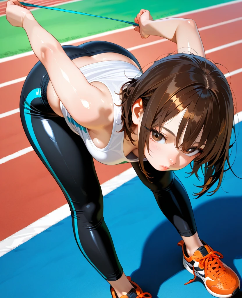 (Highest quality,8k,32K,masterpiece,Ultra-high resolution :1.2 ),born,One girl,Super cute,Natural light,Clear, shining eyes,20-year-old,Fair skin,Fantasy background of a gym-like electronic world,Brown Hair,New Gymnastics,leotard,Y-shaped splits