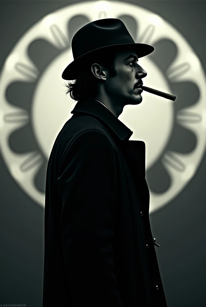 filmnoir1944, 1man, photorealistic, best quality, masterpiece, depth of field, uhd, 8k, detailed eyes, cinematic lighting, 1940s style, detective, fedora, smoking, god rays, street lamp, dark city, darkness, single light source, man leaning against street lamp,