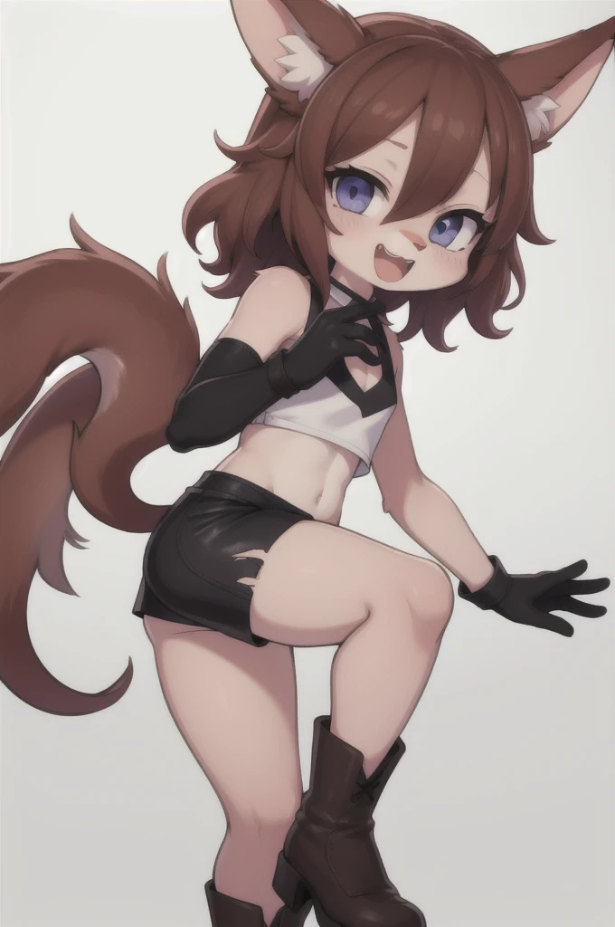 An anime style image with these characteristics:a teenage girl with brown hair with black tips, with ears and tail of a wolf, con muchos accesorios en el cuello, She has a short shirt up to her chest with nothing below and she has transparent leggings on her legs. She also has a mini skirt and she is in a very provocative pose and she has many, many breasts.