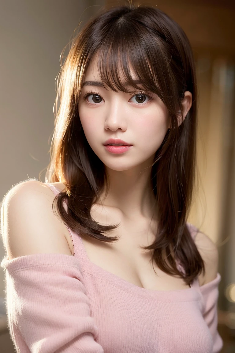 Tabletop, Highest quality, Photorealistic, In detail, High resolution, 8k wallpaper, Perfect dynamic composition, Beautiful attention to detail, Medium Hair, Tied Hair、Big ample breasts, Random sexy poses,Put your chest together、(Tight pink see-through knitwear)、(Breast Swelling 1.3)、Laughter、Open your mouth、The tip of the tongue is visible、(Licking lips 1.5)、Beautiful resort scenery、Age 25、(Droopy Eyes 1.4)、Adult Beauty、Japanese、Look at the person taking the photo