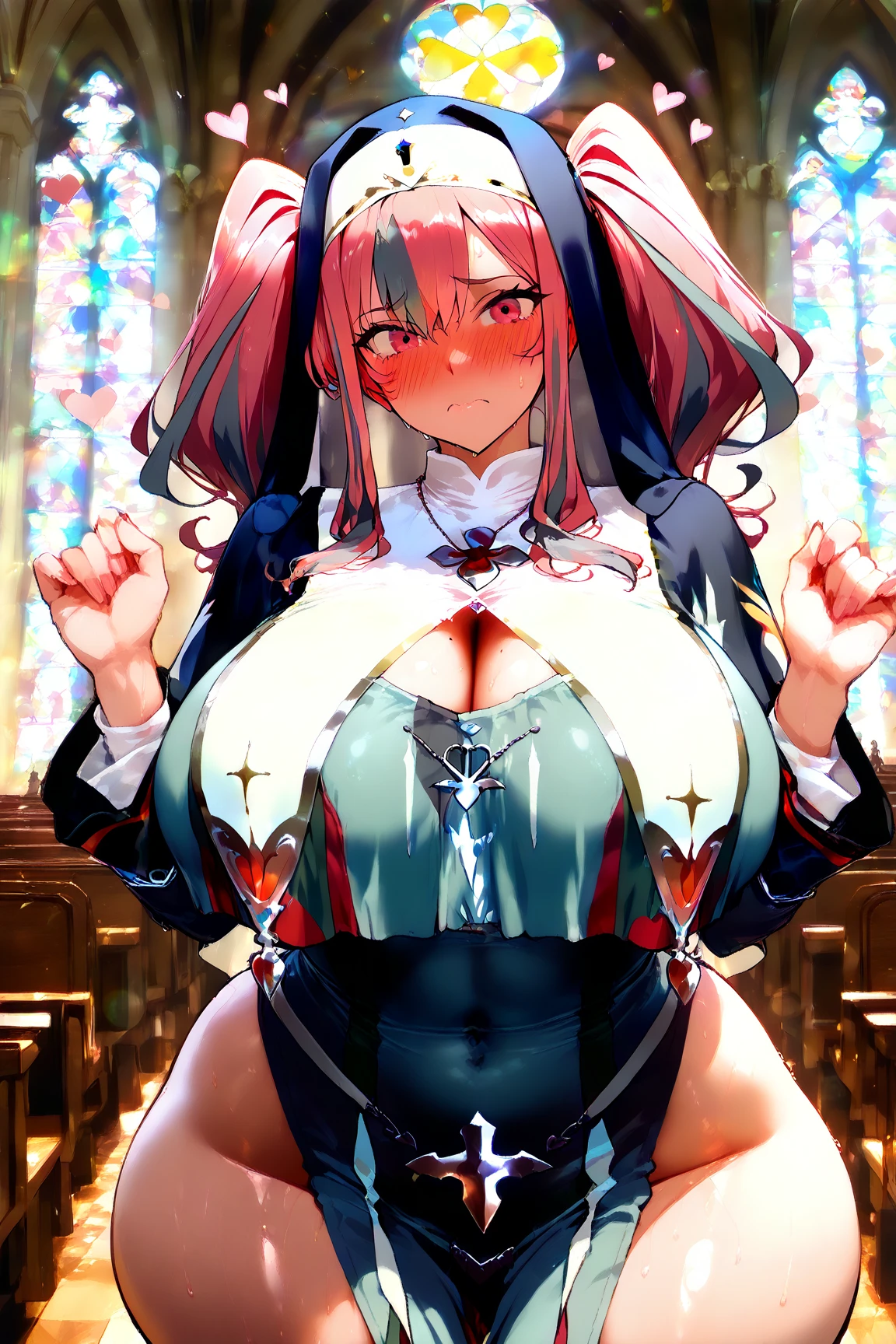 Masterpiece,8K,ผู้หญิงที่มีbig tits,gorgeous woman,transparently,long blonde hair,Big Hair,((Cut Hime)),gorgeous jewelry,crystal hair accessories,rift,pubis,In front of the elegant church altar、brighter light,半transparently,(Luxurious shine)、((puffy sleeves))、Long wrist,Show your navel,white embroidery、five fingers、Red cheeks,Put on a maid's uniform.. ,big breasts,Show your breasts,The cracks are clear.....,((big tits)),(กระดูกpubis), rift, visible chest, I see bulging nipples.,(((large areolae:1.4,pink,The nipples are clearly visible.......))),