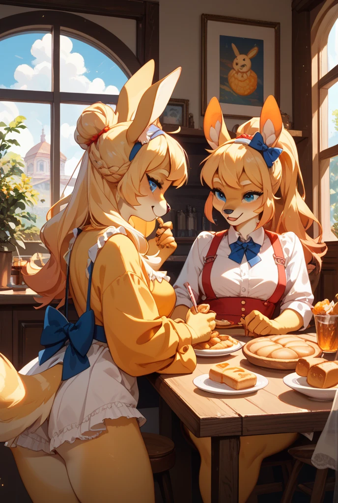 “Create an image of two adorable cats taking a selfie together. The first cat is orange with long fur, while the second cat is brown with stripes. Both cats are holding pieces of fried chicken with their paws, and there is a plate of fried chicken on the table in front of them. The setting is indoors, with a cozy and well-lit room in the background.”