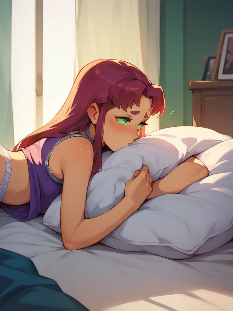 RanmaChan, short red hair, big breasts bouncing, whole body, lying on a bed, lying down, blush, toomuch cum, ropa de seda, pijama seda, Sleeping shirt, tank top