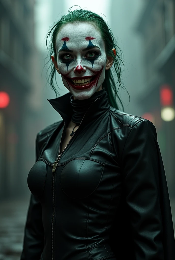 New York, tiem square, Joker Girl 25 years old, macabre, horror, Sharp mouth teeth, full body shot, tight clothes, technological details, Authentic background, (realism: 1.5), (Realisitc: 1.4), (Absurdity:1.4 ), 8k, ultra-detailed, detailed, (full breasts: 1.3), (One only: 1.4 only), (Viewer facing: 1.3),
