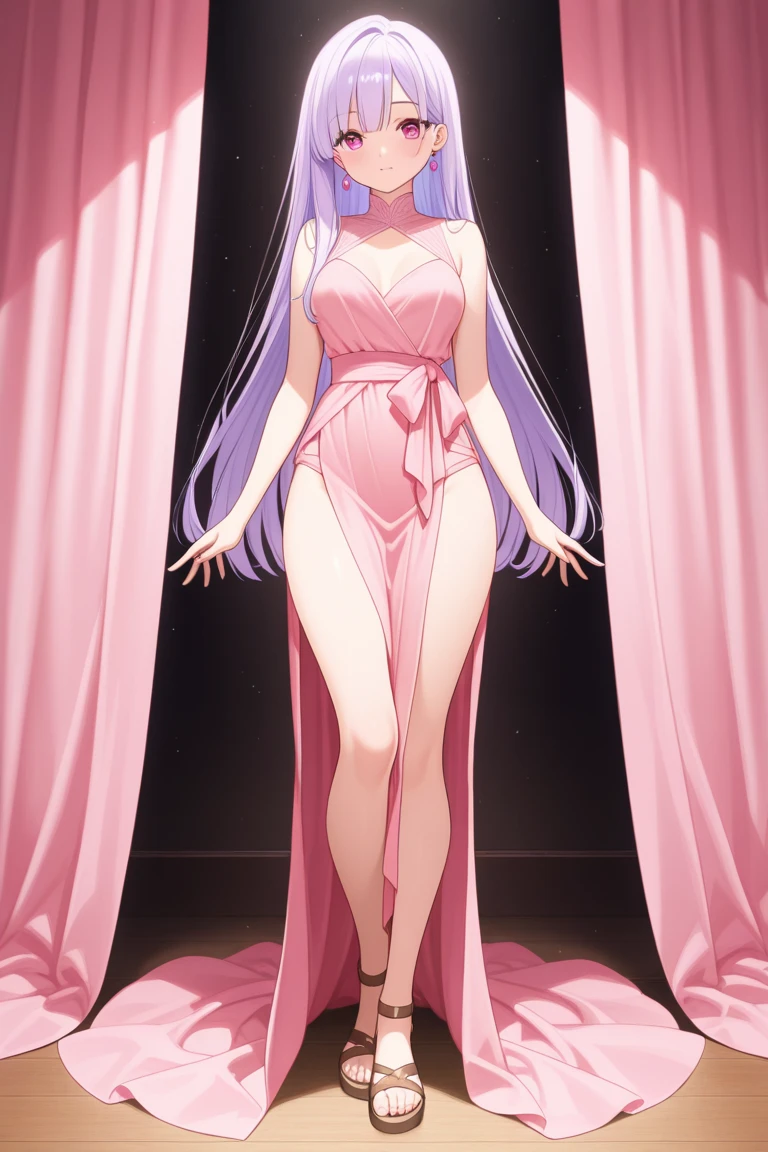 masterpiece, best quality, highres, aarurutie,1girl, wedding dress, white dress, dances with a partner, a large royal ballroom in the background, inside a knight's castle open mouth, long straight purple hair, purple clean eyes