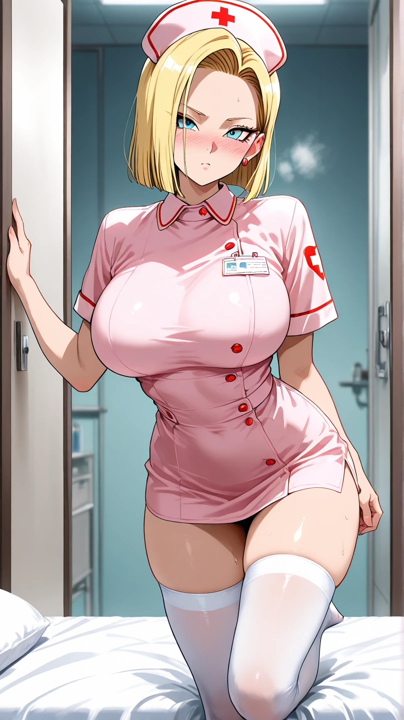 1girl, nsfw, houjousatoko, short hair, blonde hair, purple eyes ,hairband, empty eyes, large breasts, nipple, Walking, Hospital, frozen, wet, crying, Naked, (1girl) Blank look, Peeing, lactation, projectile lactation