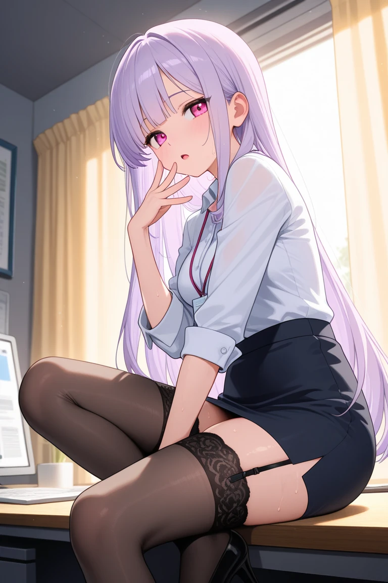Highest quality, (masterpiece:1.2), Very detailed,
One girl, alone,
View your viewers, Embarrassed expression, Medium chest,
Light blue eyes, pink Hair, Eyes without light、Medium-long hair、Permed hair、((pantyhose))、Bedroom、((office worker))、((Pencil Skirt))、(mini skirt)、((High heels))、(seiza:1.2), holds a condom bag in her mouth.