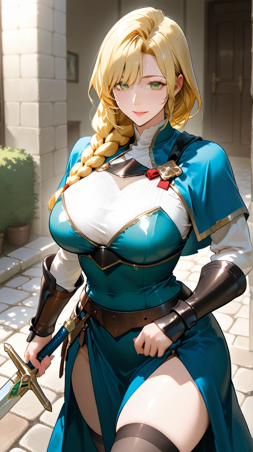 (best quality:1.3), artoria Pendragon, busty, smile, sexy, Curvy body, Green field with a beautiful blue sky), ((sexy dress)), (pov american plan),
