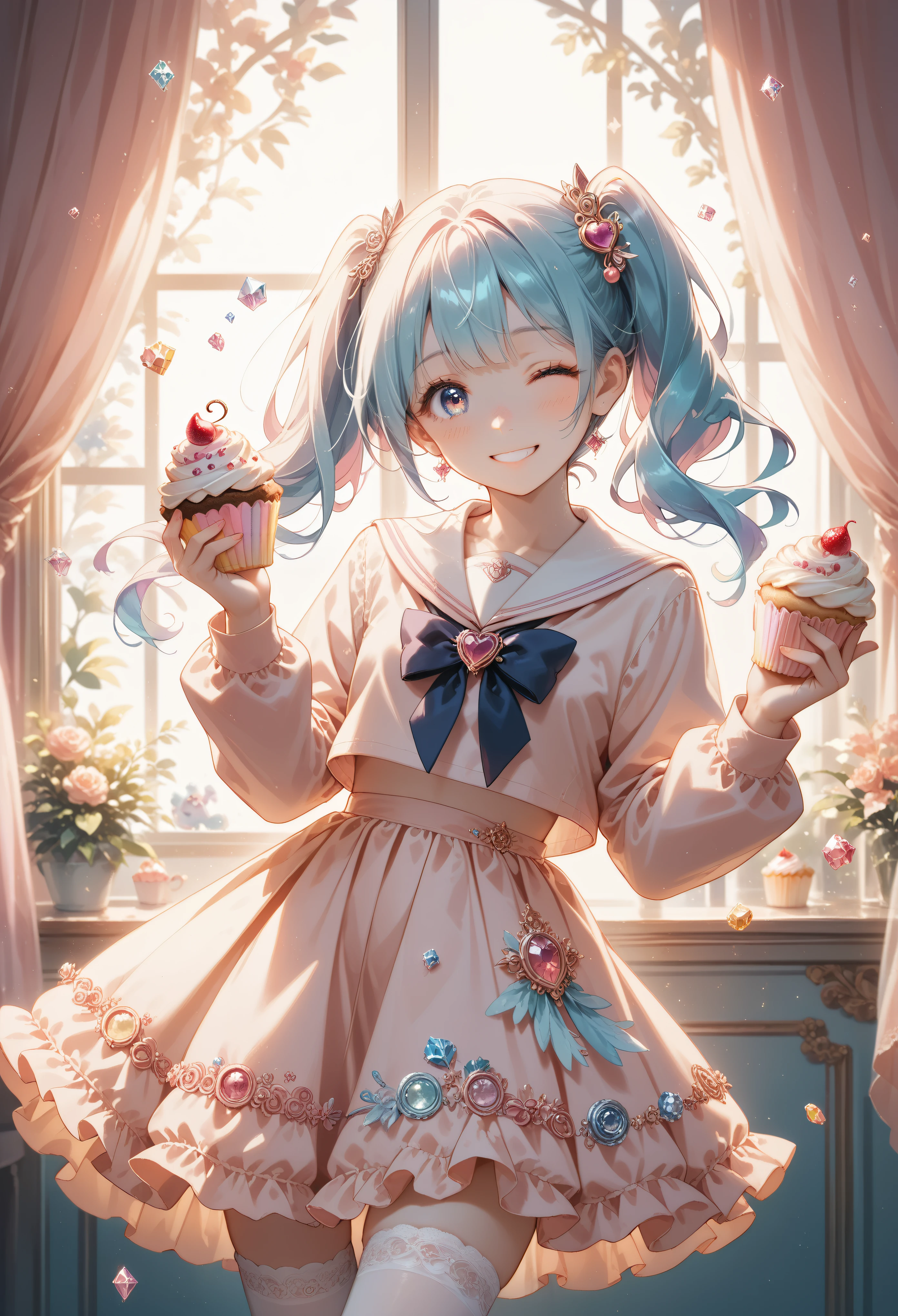 mignonne fille anime, Crystal, pastel,
low fidelity (louer) Style artistique,
tons pastel rose et violet,
Orange Doux, queues jumelles, Cheveux bleus mauves, marin d'école, tenant un gâteau, sourire,un œil fermé, détails complexes, couleurs pastel, bas blancs, fond élégant avec des rideaux doux, Éclairage vif, pose adorable, style kawaii, doux et innocent vibe, accessoires délicats, ambiance fantastique, douce lueur