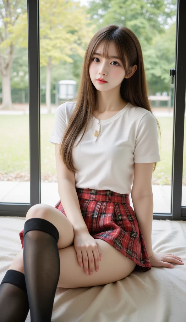 8k, Raw photo, highest quality, masterpiece:1.2), masterpiece, highest quality, figure, Very detailed, Fine details, High resolution, 8k,wallpaper, Perfect dynamic composition,(Detailed high quality, Realistic depiction of eyes:1.3)、A woman who has been and has her hands tied、Arms wrapped around his back, hands tie behind back, Put duct tape over your mouth、Inside a beautiful hotel room at night、Sitting on the bed、Outside the window is a night view、 With legs wide open、White panties are visible、Blue Short Sleeve Blouse、Tartan plaid pleated skirt、whole body、The whole thing faces forward、21talent、Beauty、Well-formed face、Make your eyes even、Beautiful black hair、Has bangedium build、Well-balanced proportions、Beautiful legs、Blue Short Sleeve Blouse、Fresh face、Beautiful scenery、