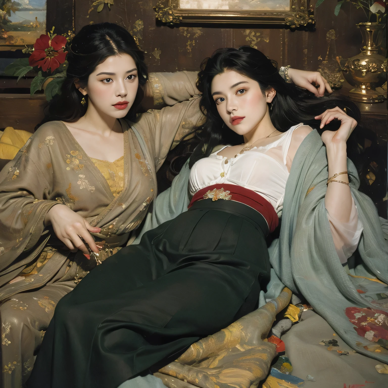 two women in lingersuits laying on a bed with flowers, inspired by Yanjun Cheng, yanjun chengt, painting, inspired by Wang Duo, inspired by Chen Yifei, roberto ferri and ruan jia, girls resting, two models in the frame, two girls, inspired by Fenghua Zhong, inspired by Zhang Xuan, by Dai Xi a close up of a woman with a flower crown on her head, asian features, jinyoung shin, inspired by Yanjun Cheng, traditional art, korean artist, gorgeous chinese model, yanjun chengt, fanart, by Ni Tian, beautiful south korean woman, official artwork, by Wu Bin, wenfei ye, popular south korean makeup, a young asian woman absolutely abstract Retro vintage art print, sexy, glamorous pin-up girl wearing a sailors hat, bikini, A painting of a woman wife ((golden ratio}} laying on the sofa after a long night on the town, a painting, a Beautiful expressive painting, malcolm liepke painting, glossy painting, beautiful digital painting, digital art painting, Fine paintings, monochromatic. malcolm liepke oil painting, impressionist painting.Spread your legs apart, beautiful and delicate face, fair skin