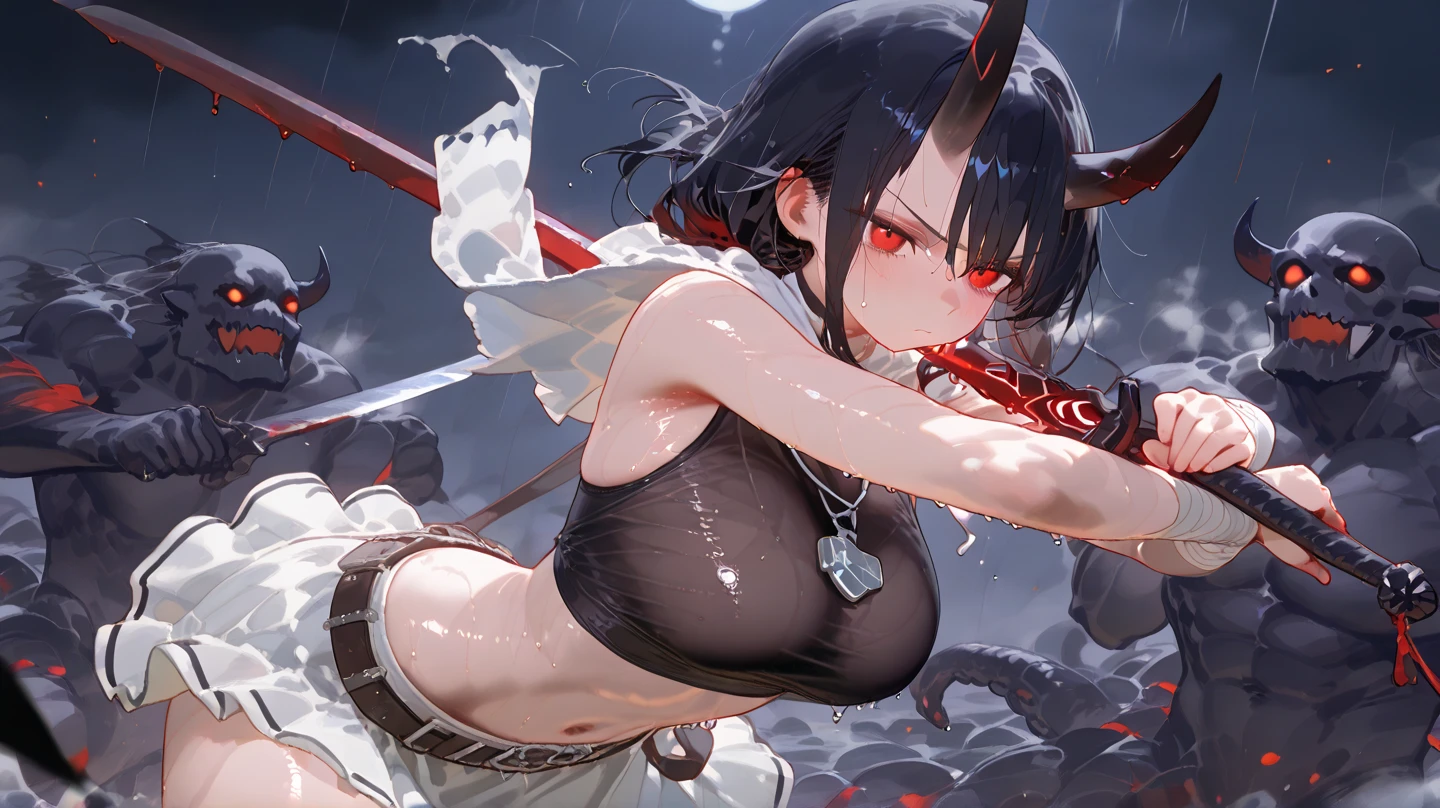 1 girl, solo, oni, large breasts, 2 oni_horns on own head, perfect anatomy, muscular, tank top, gorgeous woman, mature woman, black knee-high socks, long skirt, brown eyes, long wavy black hair, holding a very detailed axe, smirk, visible bra, showing bra,