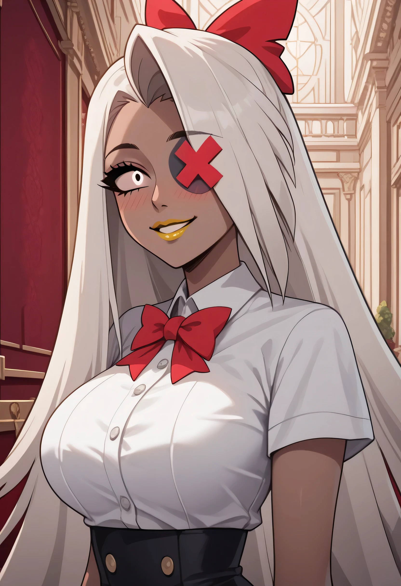 woman, anime style, yellow lipstick, big breasts, dark gray skin, white eyes, white hair, long hair, hotel, bangs covering one eye, red bow, happy, blushing, side view, focus on character, looking at viewer, Vaggie, hazbin Hotel, Red hotel