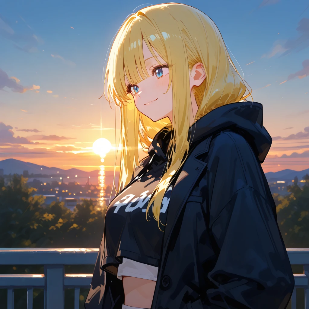 (masterpiece), best quality, expressive eyes, perfect face, blonde hair, blue eyes, yellow_earrings, necklace , mature woman (27 years old), Red lipstick, medium breasts, medium legs, peircings, bangs, tsurime Eyes ,background sunset, ponytail, soft lighting, light makeup, smille, gym outfit (black and white), standing, a city in the background, sun goes down, wearing a jeans and a black top,