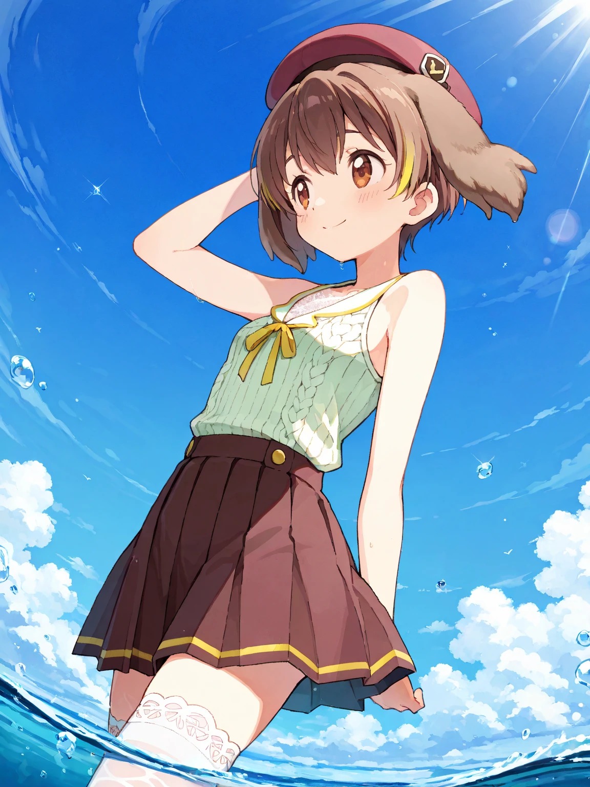 Top quality, masterpiece, high resolution, details, Top quality, masterpiece, high resolution, details, perfect anat○my, (cute girl), smiling, arms behind her back, HikariDigi, open mouth, yellow sleveless shirt, pink pants, rubber boots, shoes, sky, solo,Background is blue sky, upper body、Kindergartener, small breasts