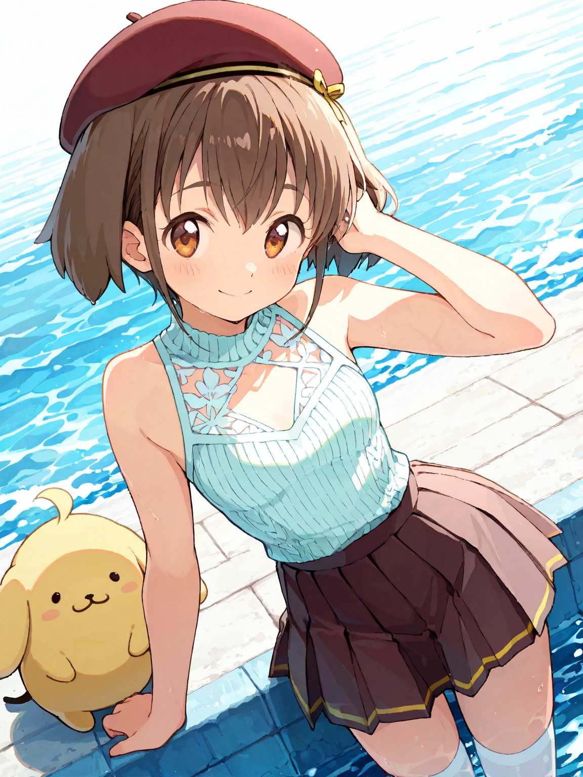 gonzarez, Masterpiece, serene, 1 girl, gray hats, Alone, jewelry, Thighs, sleeveless turtleneck, turtleneck, Skirt, SMILE, sweater vest, by rubio, earrings, has, Blue eyes, sleeveless, Open mouth, eyelashes, vest, blush, old, medium hair, bracelet, looking at the viewer, outdoor, black Thighs, brown Thighs, sky, day, shine, bright, cloud, pleated Skirt, red Skirt, cowboy shot, sitting with legs open