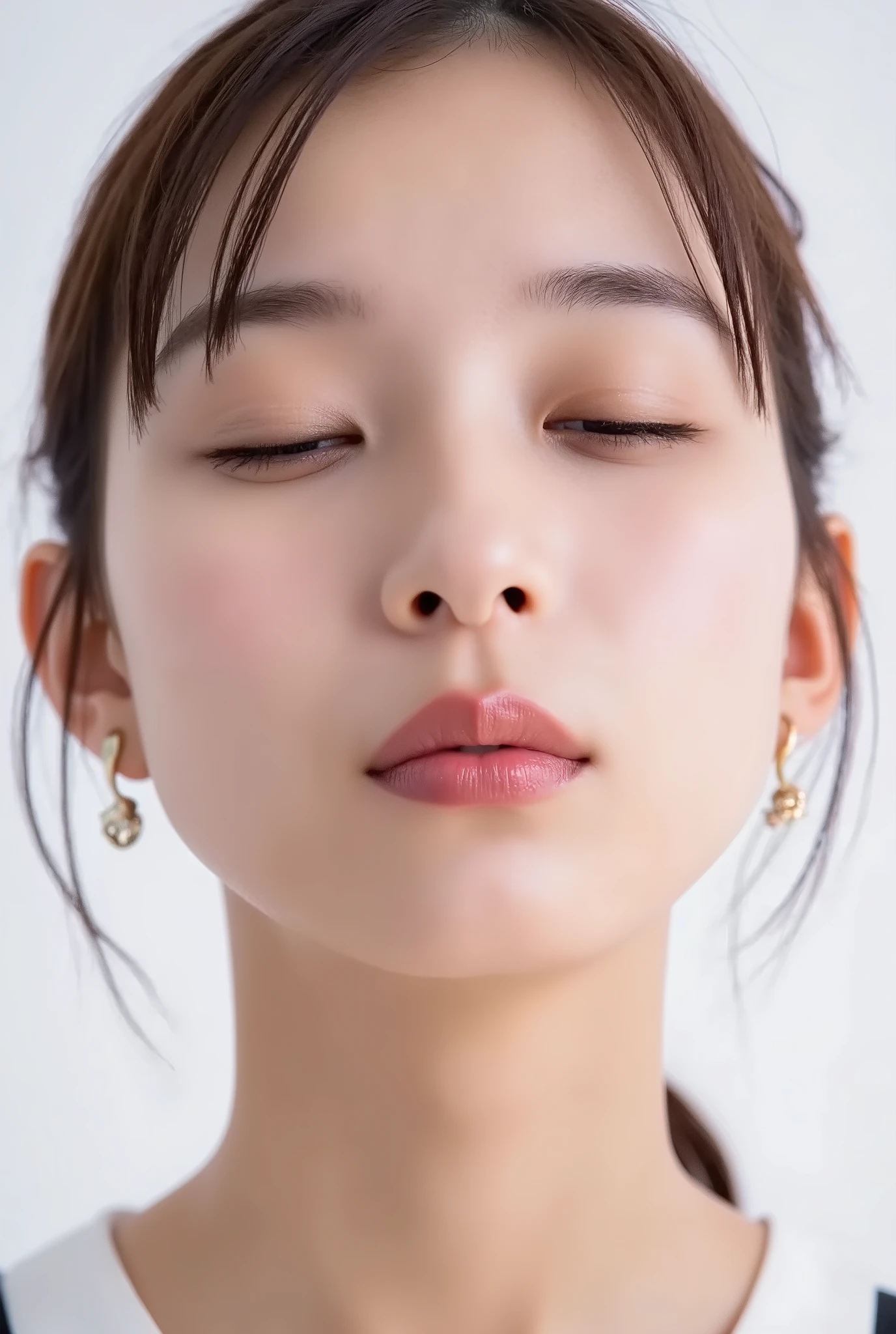 ultra-detailed close-up of a beautiful girl, collarbone-up composition, white studio background, soft natural lighting, slightly elevated camera angle (around 35 degrees), full face and head visible in frame, chin slightly raised, eyes gently closed, deeply affectionate smile, cheeks and ears flushed, dreamy, blissful, euphoric expression, mouth puckered and protruding with a rounded kiss shape, glossy moist lips with shimmering highlights, soft lips reflecting light, extreme focus on lips, inviting kiss pose, longing expression, desperate affection, dere-dere mood, hands behind her back and not visible, natural skin texture with visible peach fuzz, matte facial skin, black camisole strap visible, soft head tilt, bokeh background and soft facial contour blur to emphasize lips, overflowing with affection and dazed joy