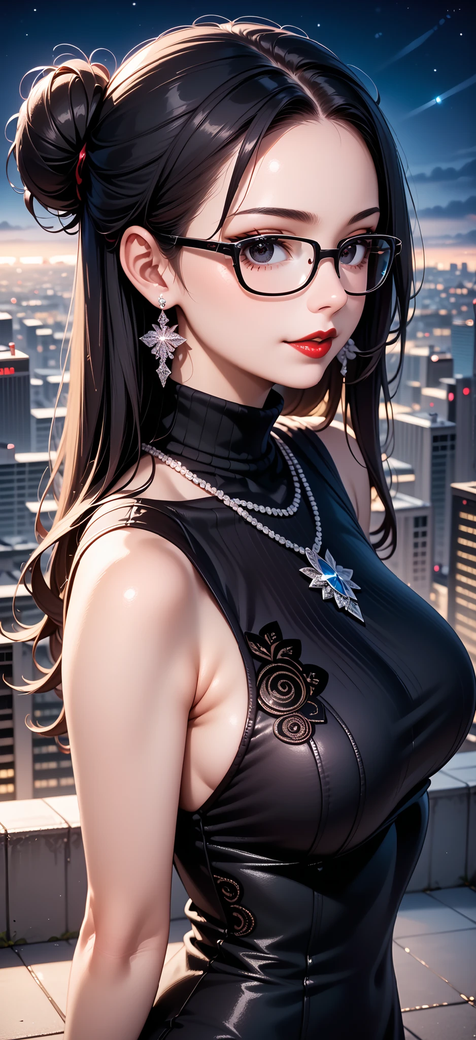 (((Perfect figure,figure,Grey sweater, black dress, black stockings,(((JMT,Glasses,purple hair,short hair,purple eyes,MiJungdef,purple eyes, no hair, headshaved ,bald hairstyle,)))型figure:1.7))),((masterpiece)),high resolution, ((Best quality at best)),masterpiece,quality,Best quality,((( Exquisite facial features,looking at the audience,There is light in the eyes,Happy,Lol))),(((Interlacing of light and shadow,huge boobs))),(((looking into camera,armpit, one arm touching face , black background,Bend forward)))
