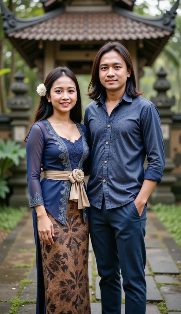 Javanese man, fat, handsome, wearing blue jeans, black t-shirt that says "KangMas". With short, smooth black hair, this man from Java took a selfie with a Japanese woman beside him in his arms, with a model-proportioned body, traditional Javanese clothes, hair tied in a bun, under the terrace of a rural house. , ultra realistic ultra HD. ultra-HD. hd .4K