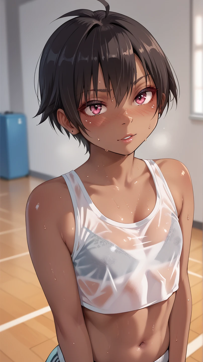 Highest quality、Realistic、、zoom、Primary school students、man、cute、Light grey eyes、Black Hair、short hair、Tanned brown skin、Dark Skin、Light blue briefs、Flat Chest、、thin、bed、