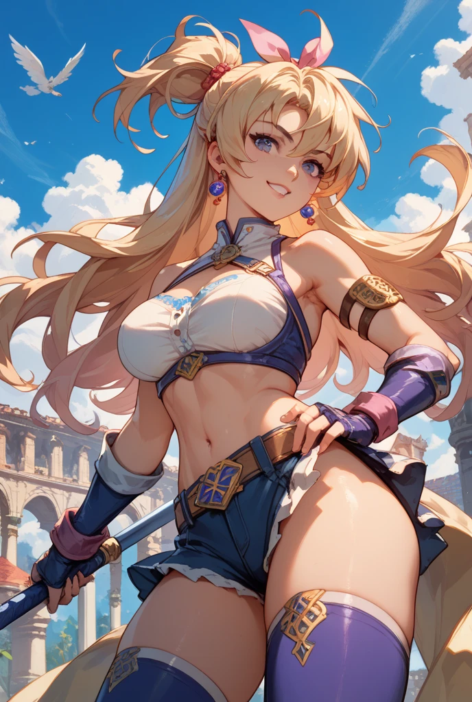 masterpiece, 8k resolution, fullbody, high detail, 1girl, beautiful cute woman, medium breasts, thick thighs, confident smile, (braided ponytail), braid, heterochromia, yellow_eye, blue_eye, navel, breastplate,<lora:ashyara anyv3 base:.8>