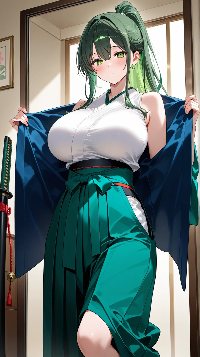 masterpiece, Highest quality, Beautiful art, High resolution, Well-formed hands, Body and fingers, 1 female, alone, green hair, green eyes, hair ornaments, Adult, grown, Big Breasts, Cleavage, whole body, Braided long hair, green_Japanese_Clothes, wearing DOA Kasumi's green kunoichi dress, sexy and skimpy Japanese Clothes, Peeping at Kimono, Panty peeking, No sleeve, White Stockings, Gorgeous legs and thighs, She strikes a sensual and seductive fighting pose, showing and exposing her Cleavage, Smiling happily, Looking at the audience, make out, Beach Environment