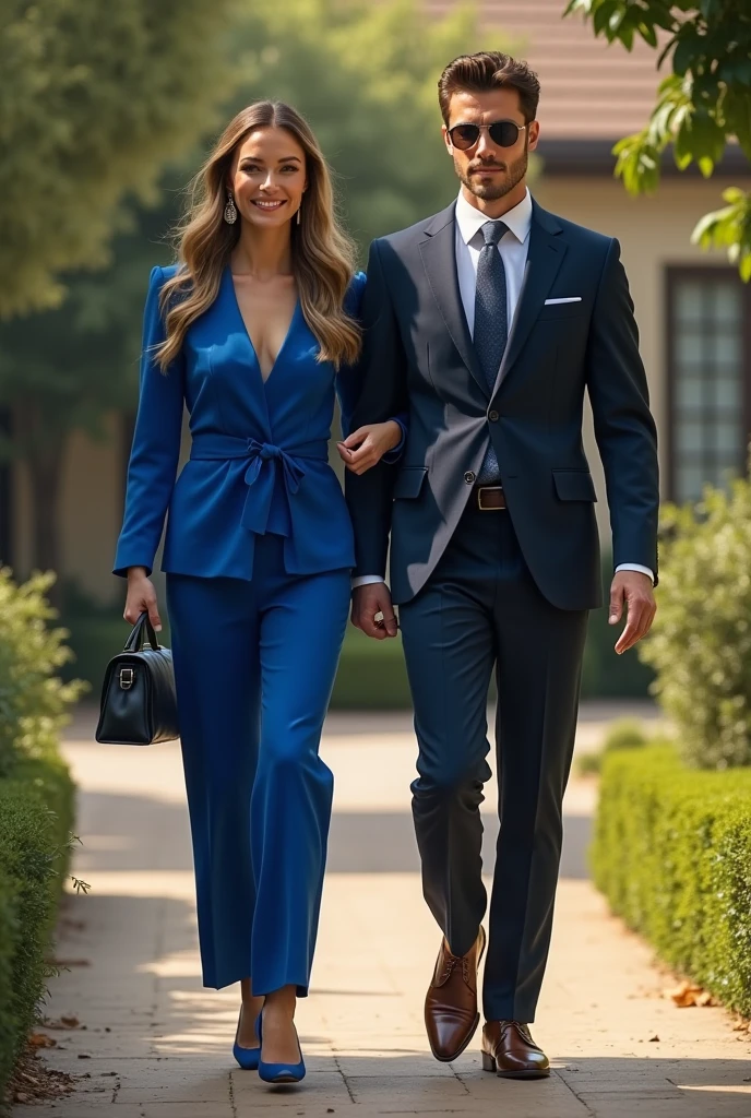 ((best quality)), ((masterpiece)), (detailed), ((couple)) 1woman, very long blonde hair, wearing dress, shopping , in London, England , with 1man, ((tall)) , ((muscular)) , ((dark short hair)) , wearing summer suit