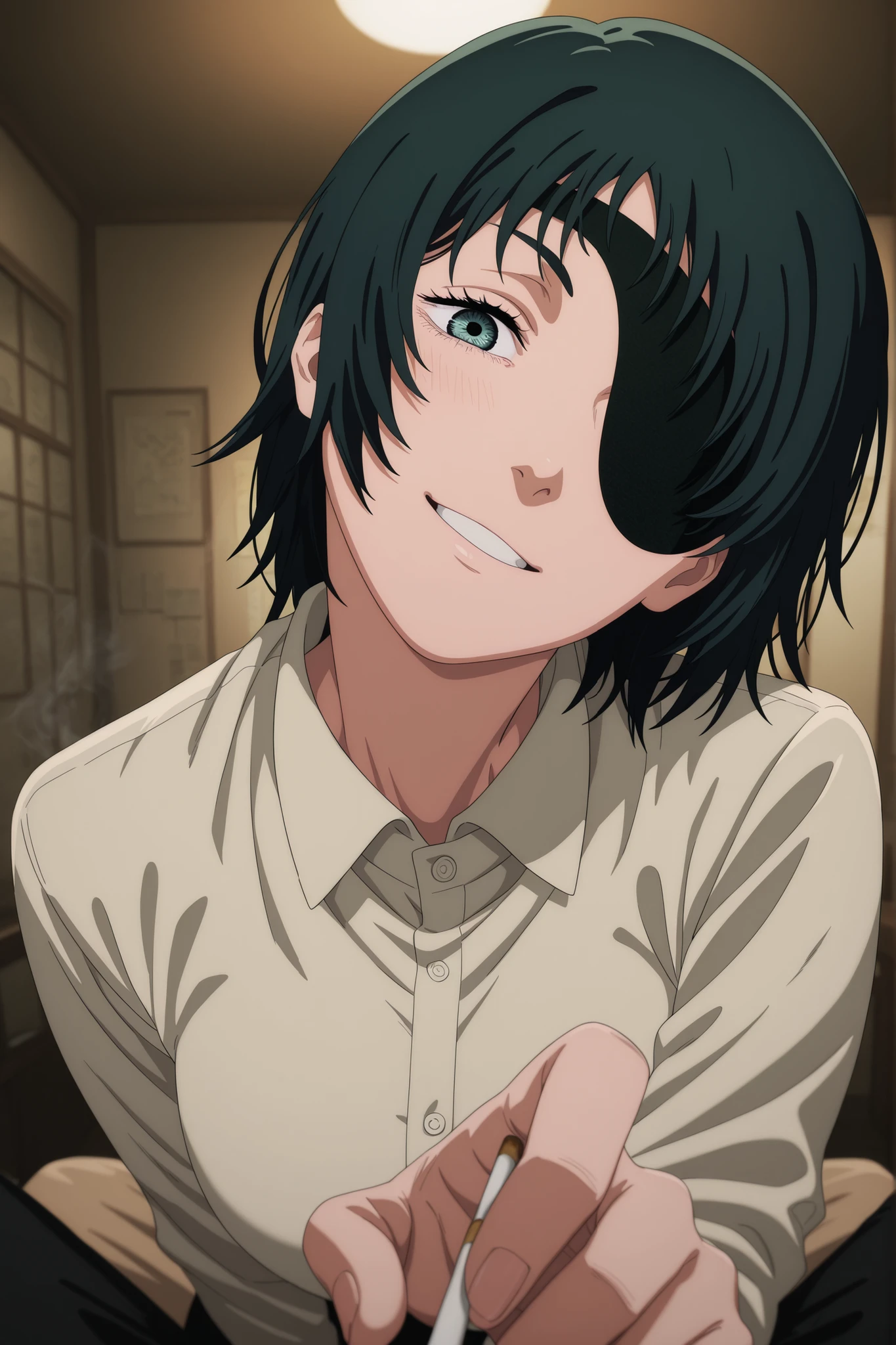 himeno (姫野) (chainsaw man), head tilt, smiling, smoking, assertive woman, looking at viewer, point of view, pov, solo focus
