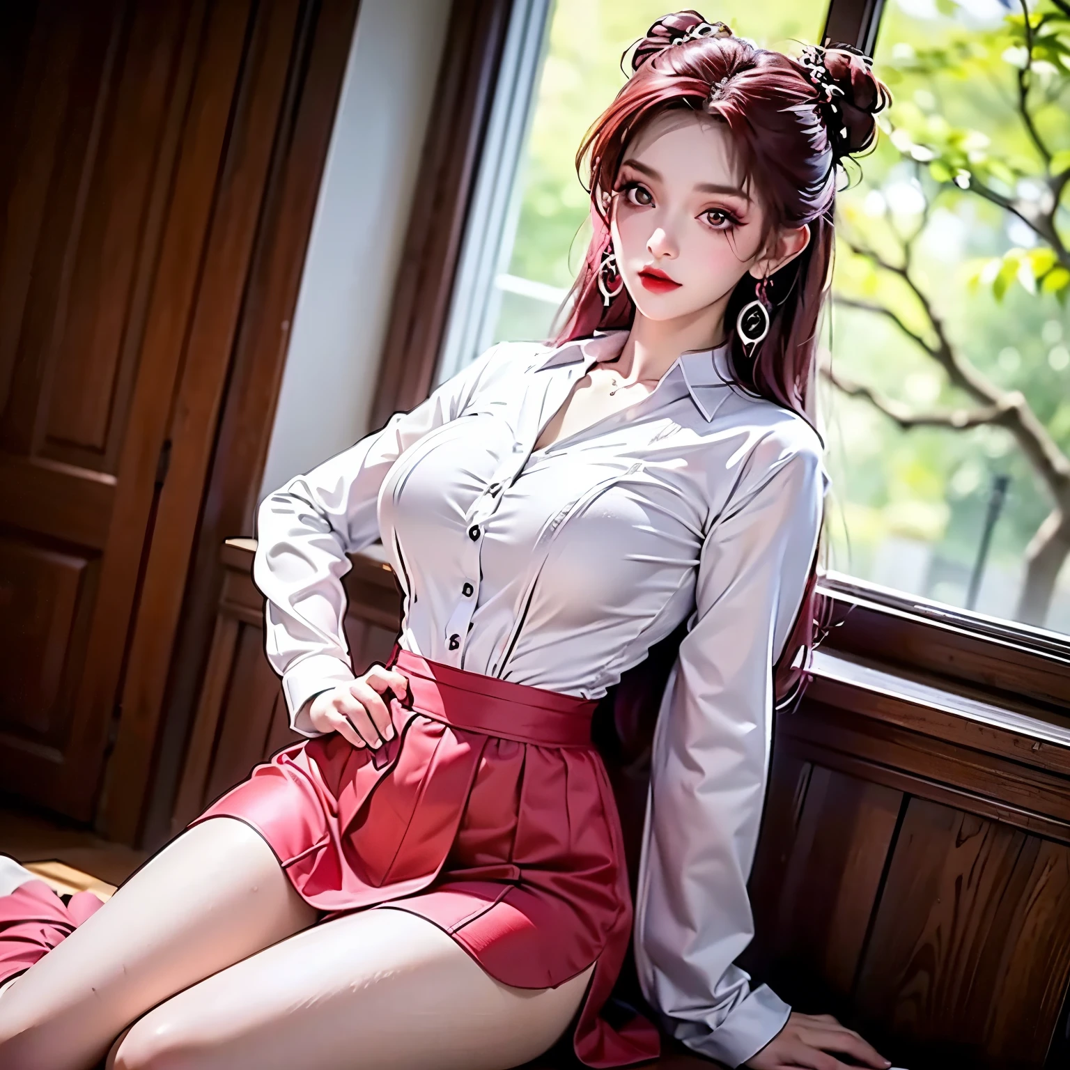 Vibrant Chinese maiden, curly hair, double ponytails, shy, sitting, high heeled boots, light pink transparent silk pantyhose, T-shirt, mini skirt, hotel suite, belt, collar, bracelet, full body photograph