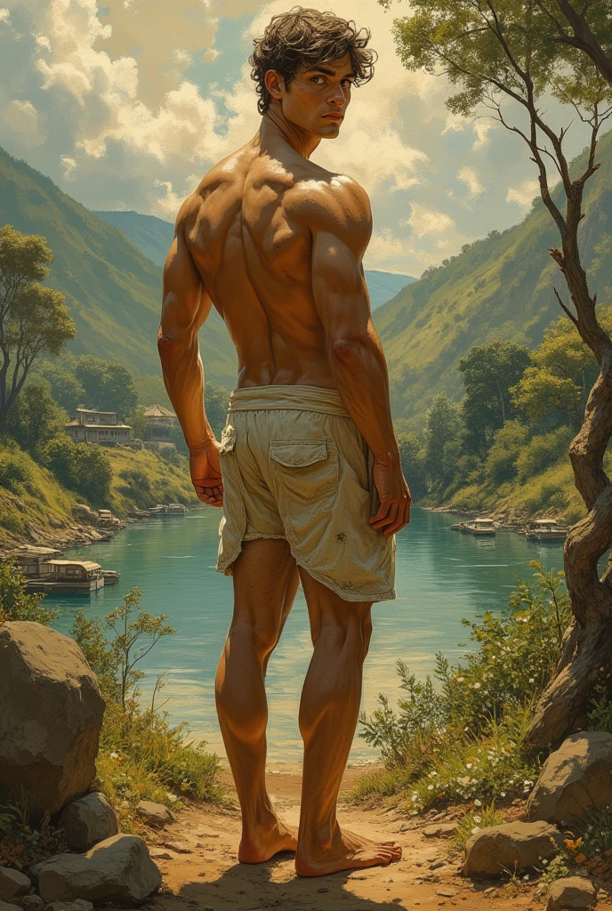 Muscular man with black hair, European, Mediterranean, Greek god body, small waist, nude, penis, wearing white transparent wet toga, elegant short hair, ancient Greece setting, Flowers and mist around