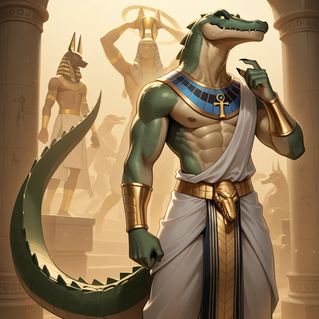 Hunk, alligator, Egyptian god, sobek, white cloth around hips, subtle bulge, arms crossed, dutch angle