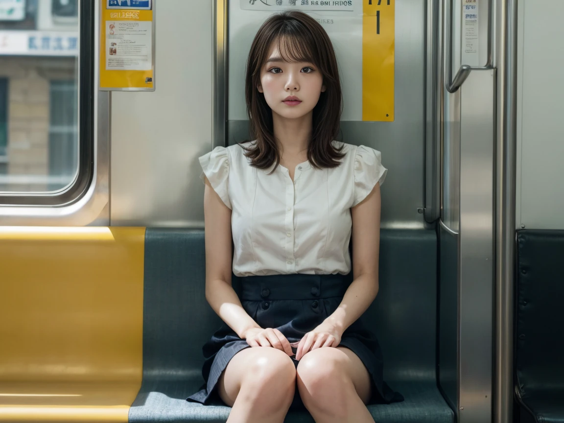 「(masutepiece, High quality, Ultra High Quality, 4K)OL、Emphasis on the thighs、Office Suits:1.2、Sitting on the train at night、s asleep:1.3、The inside of the skirt is white panties:1.3、((Open your crotch wide:1.5))、Face-to-face angle,(Angle from below),Sitting in a train seat,Sitting at the front,Zoom camera in the crotch,Feet are on the floor of the train,full body Esbian,Best Quality,(Photorealistic:1.4),, High resolution, detail, Raw photo,