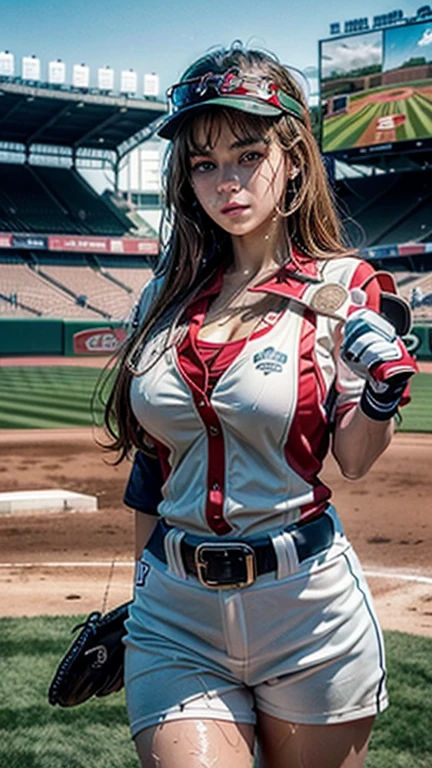 neocoill, tmasterpiece, Best quality at best, 1girll, Baseball uniforms, 独奏, Baseball gloves, baseball cap, bucket-hat, baseball, Skysky, track suit, Clouds, brunette color hair, blue-sky, daysies, halter, The shirt, By bangs, Medium hair, longer sleeves, standing on your feet, Hold the ball, exteriors, looking at viewert, parted lip,big cleavage breasts, a mature female,Bigchest,Cocked buttocks,skinny waist and thick hips,Raised sexy,nakeness,The kinky is exposed,Coquettish,Charming,seductiv,succubi,Sexy,Impeccable,the detail,